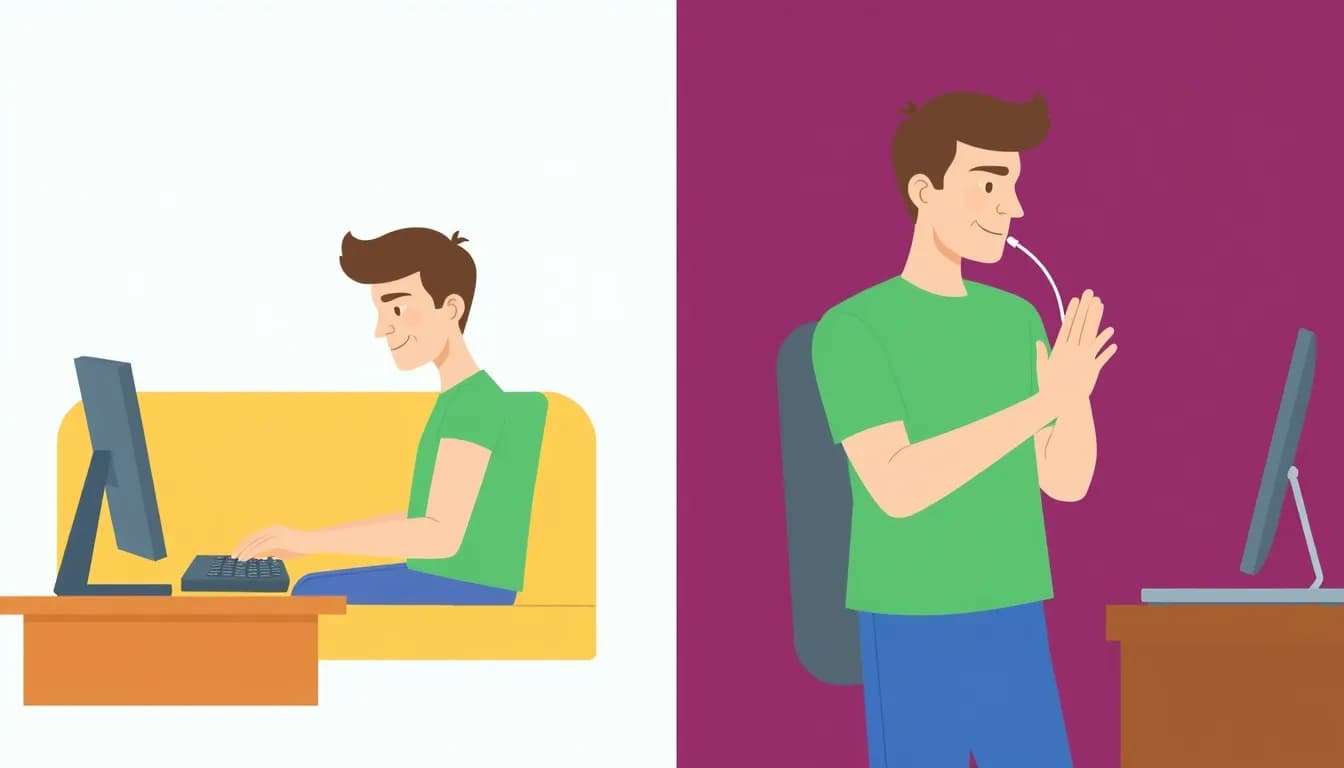 Comparison of poor typing posture versus good posture with voice input