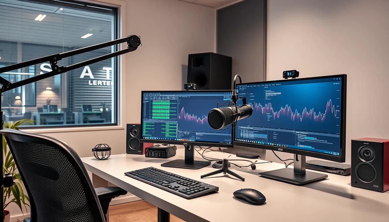 Professional voice coding setup with microphone and multiple monitors