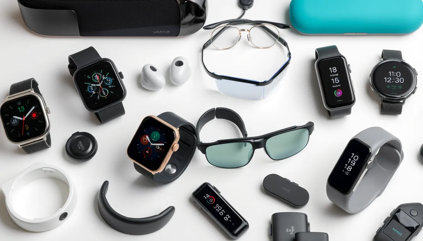 Various types of voice-enabled wearable devices including smartwatches, hearables, and smart glasses