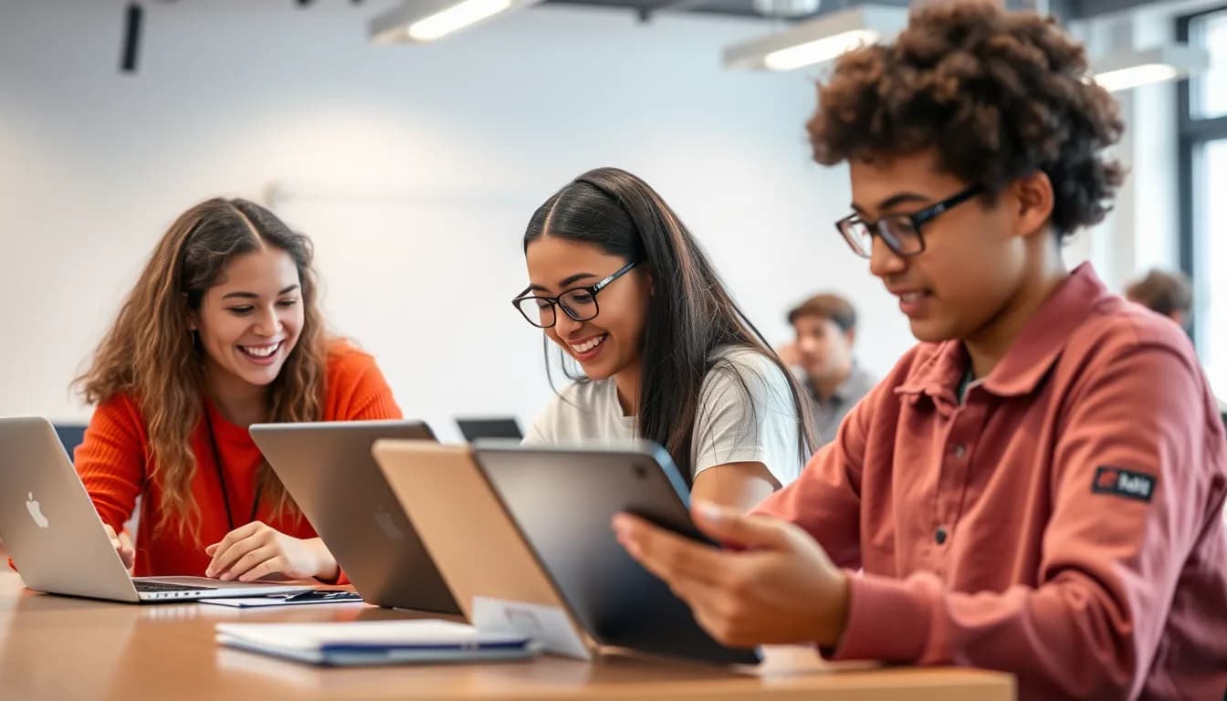 Students using voice input technology in a modern classroom