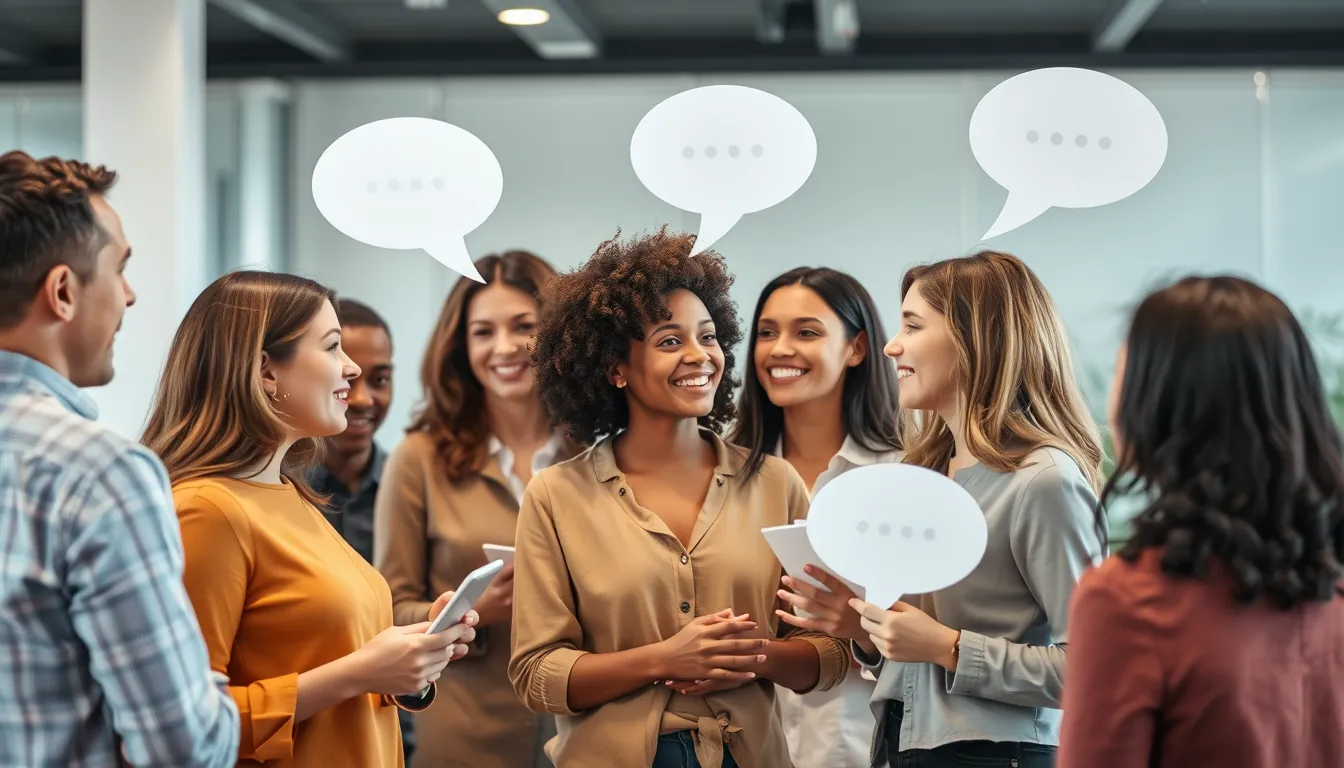 Diverse group of people communicating through voice technology