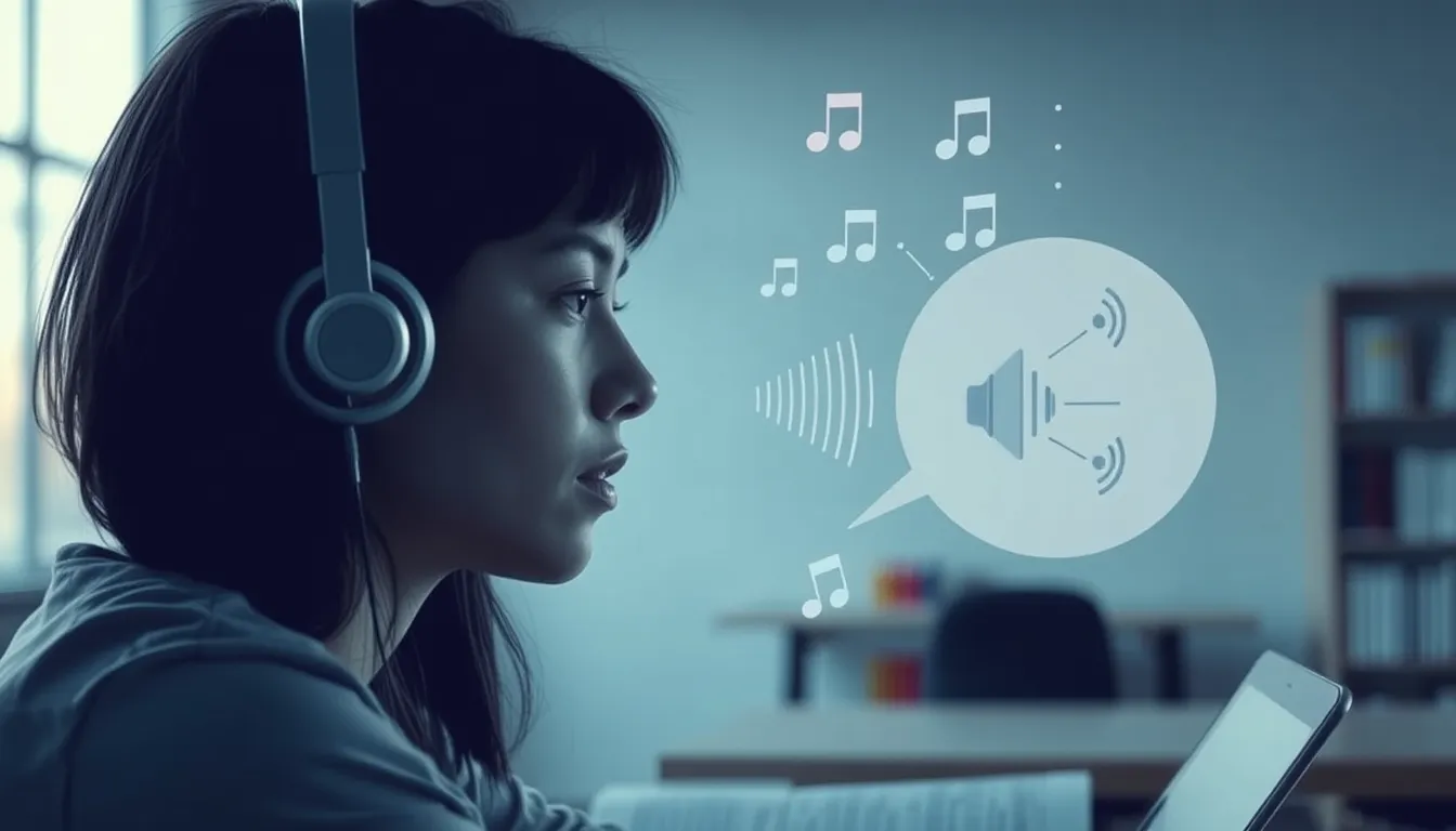 Person engaged in language learning with voice technology