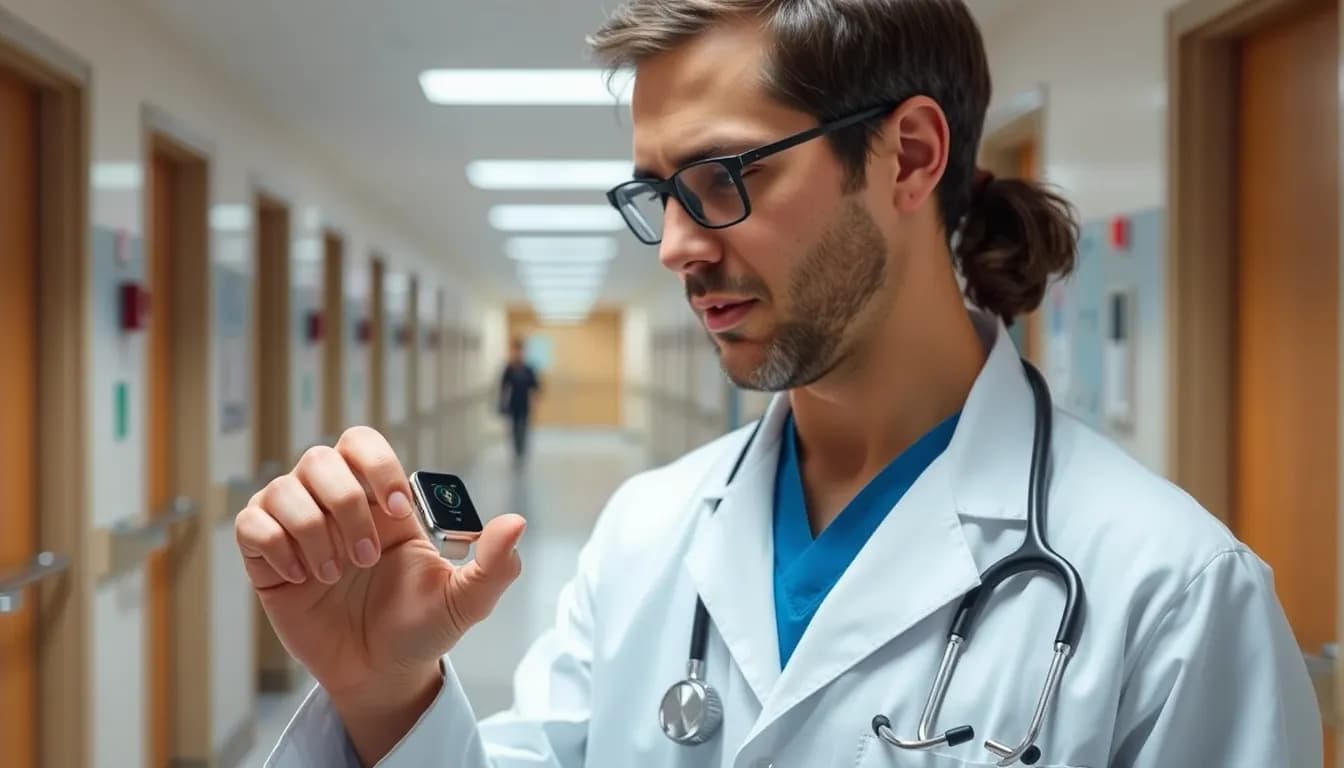 Doctor using hands-free voice technology in a hospital setting