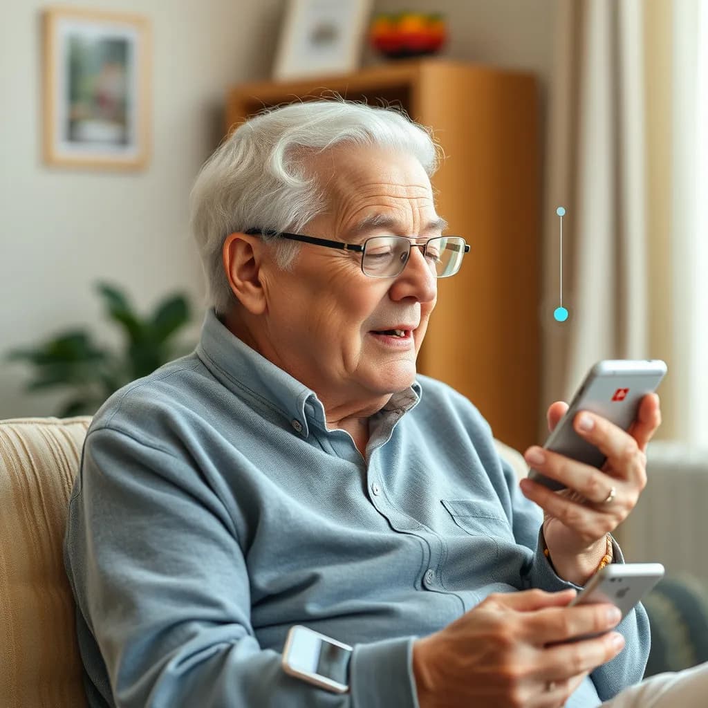 Elderly person using voice technology for health monitoring and emergency assistance