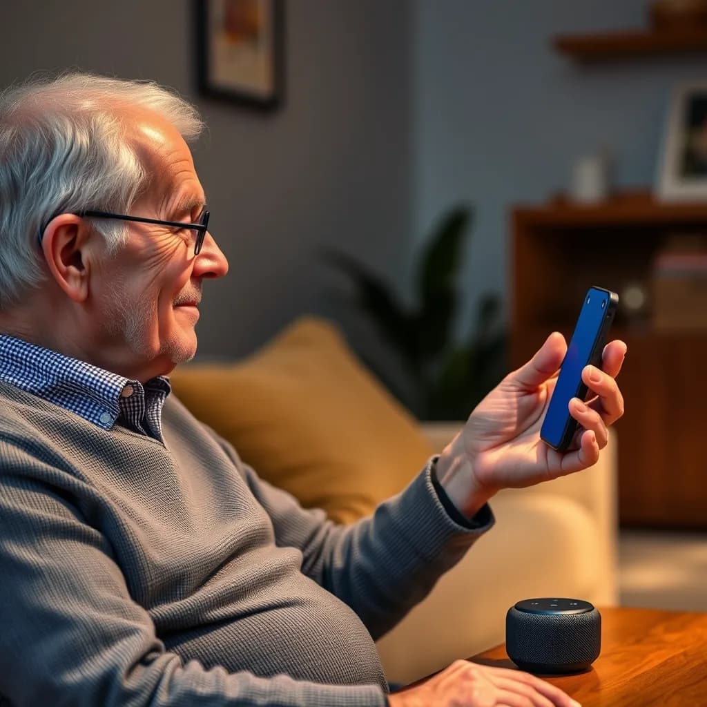 Senior person using voice technology at home