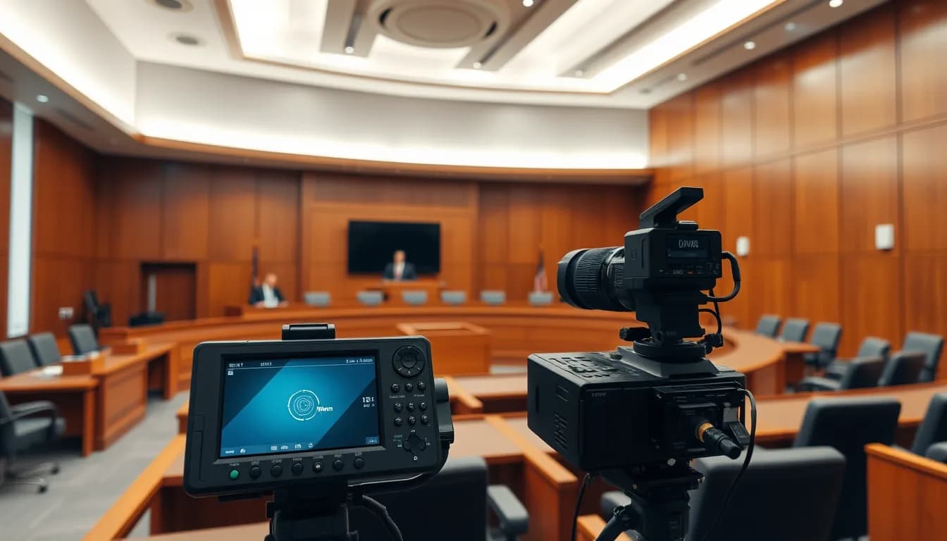 Modern courtroom with voice transcription technology